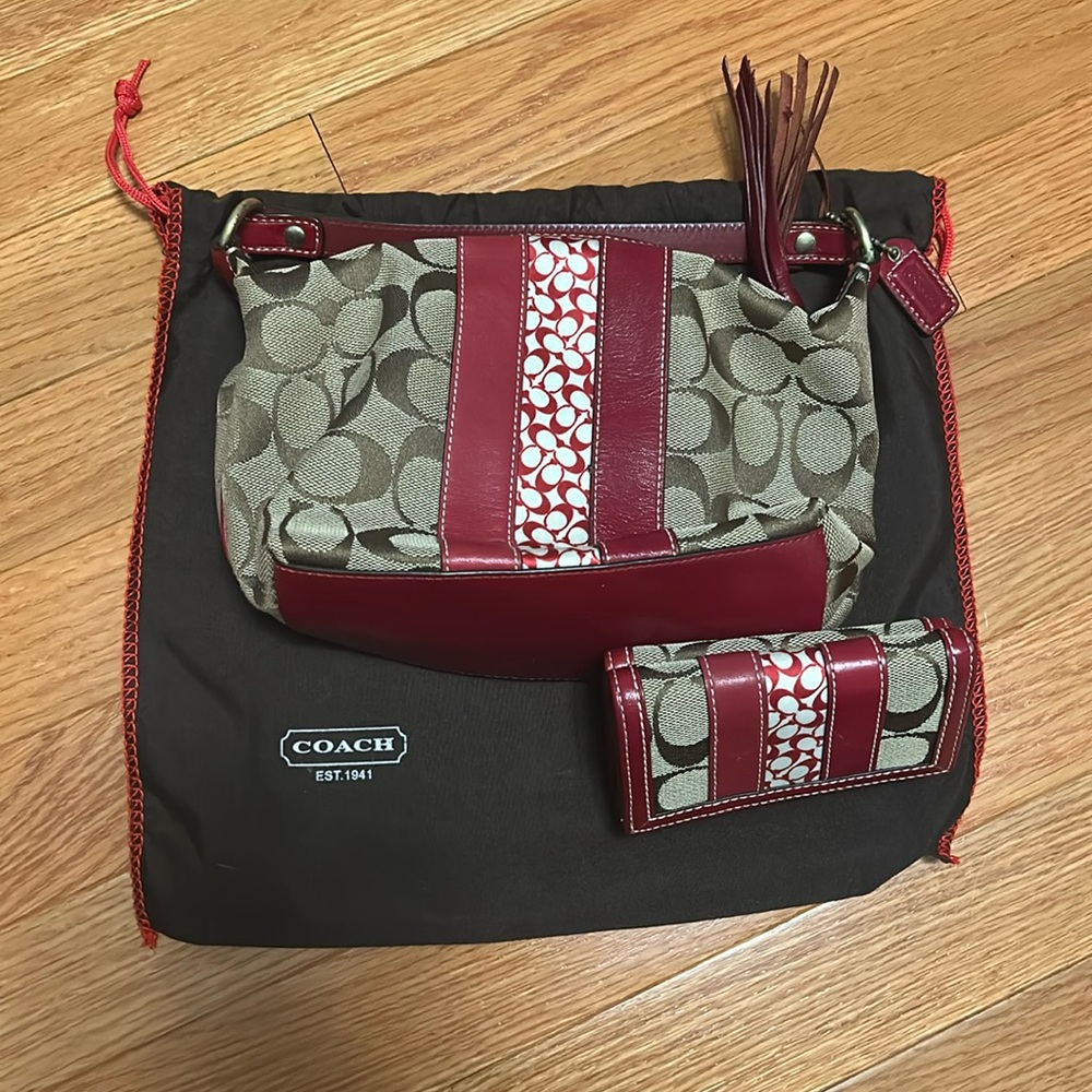 Coach Hampton Signature Mini HandBag Crimson with wallet and dust cover